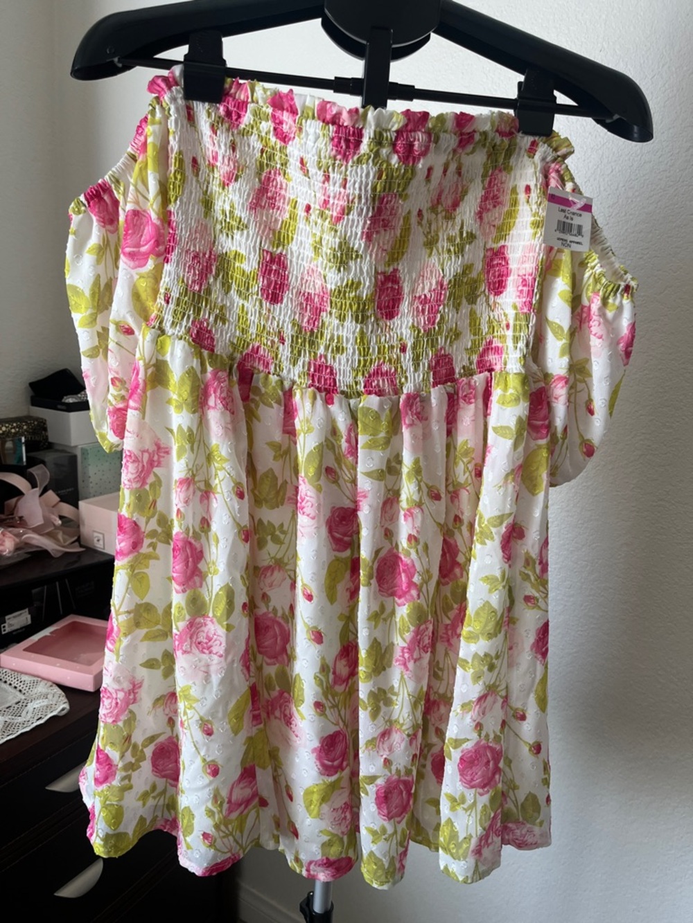 Betsey Johnson White Mini Dress with Pink Rose Print